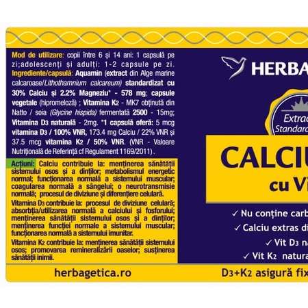 Supliment Alimentar HERBAGETICA Calciu+Vitamina D3 cu Vitamina K2 30 Capsule