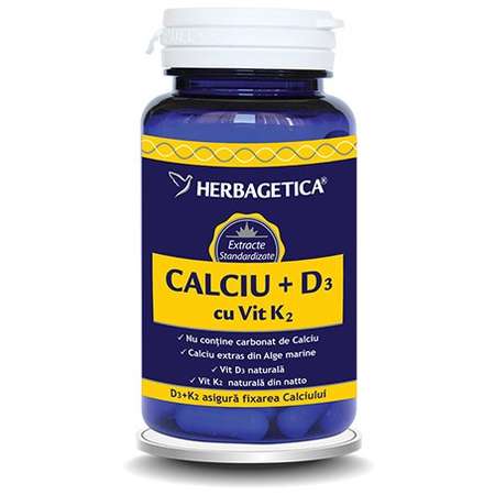 Supliment Alimentar HERBAGETICA Calciu+Vitamina D3 cu Vitamina K2 60 Capsule
