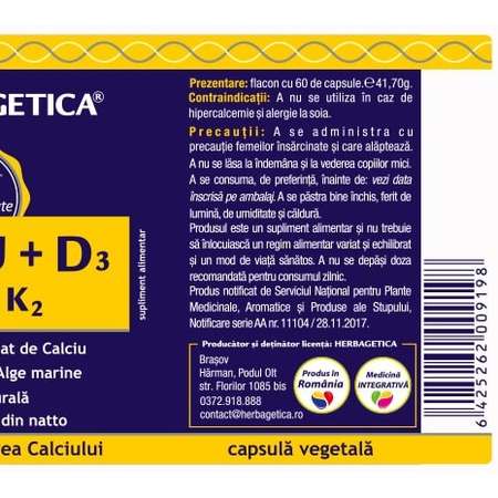 Supliment Alimentar HERBAGETICA Calciu+Vitamina D3 cu Vitamina K2 60 Capsule
