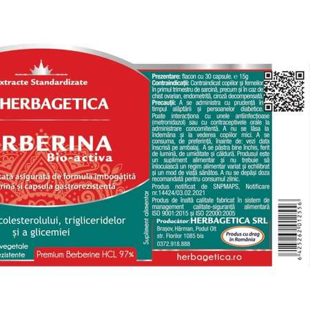 Supliment Alimentar HERBAGETICA Berberina Bio-Activa, 30 Capsule